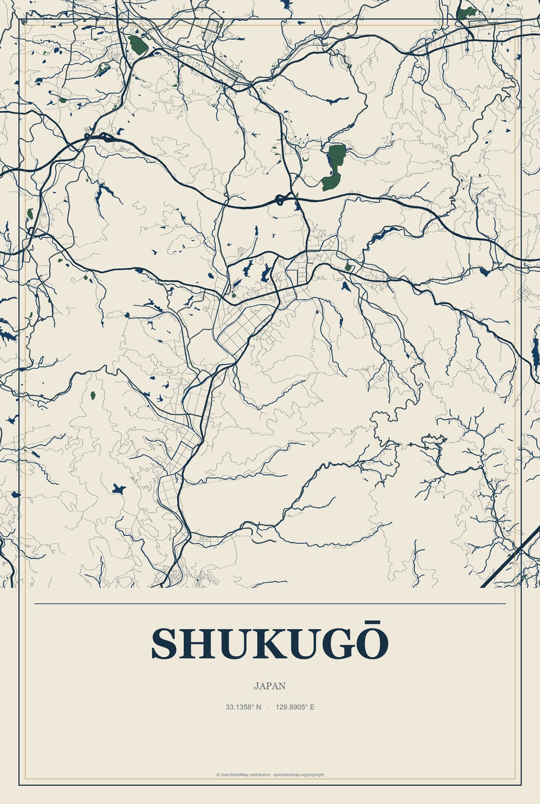 Shukugō, Japan City Map Aluminum Sign in Coastal Cutout style
