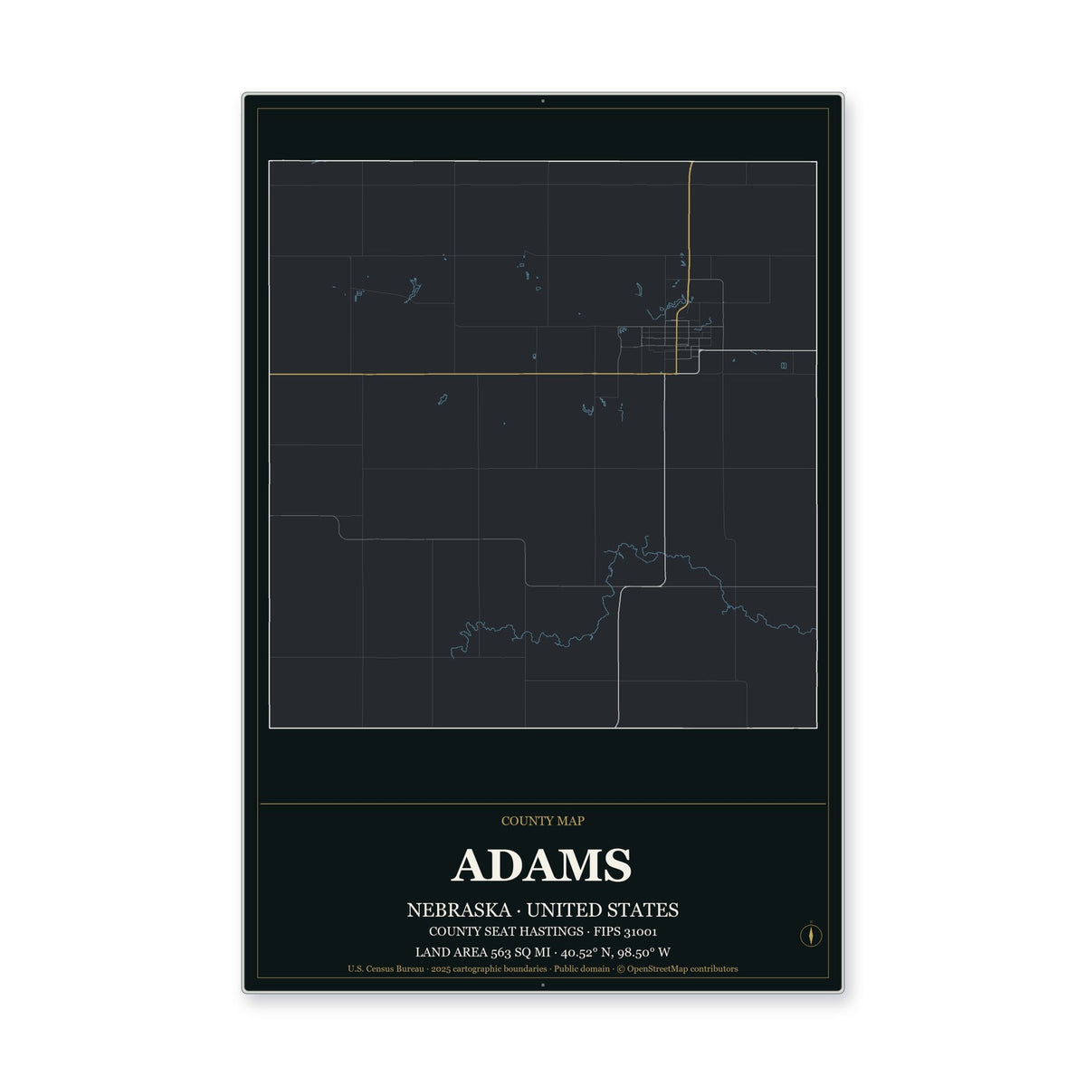 Adams County, Nebraska Map Aluminum Sign in Metropolitan Noir style