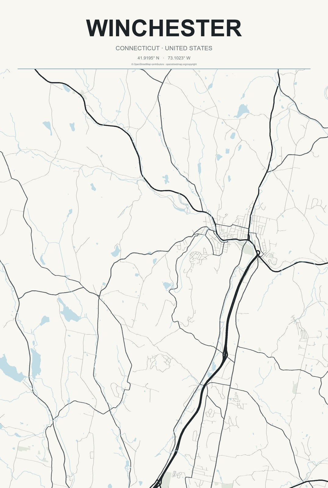 Winchester, Connecticut City Map Aluminum Sign in Headline Atlas style