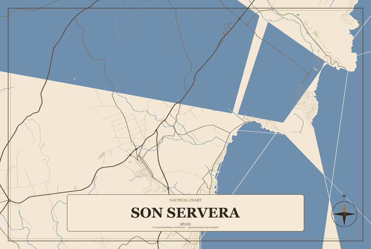 Son Servera, Spain City Map Aluminum Sign in Heritage Nautical style