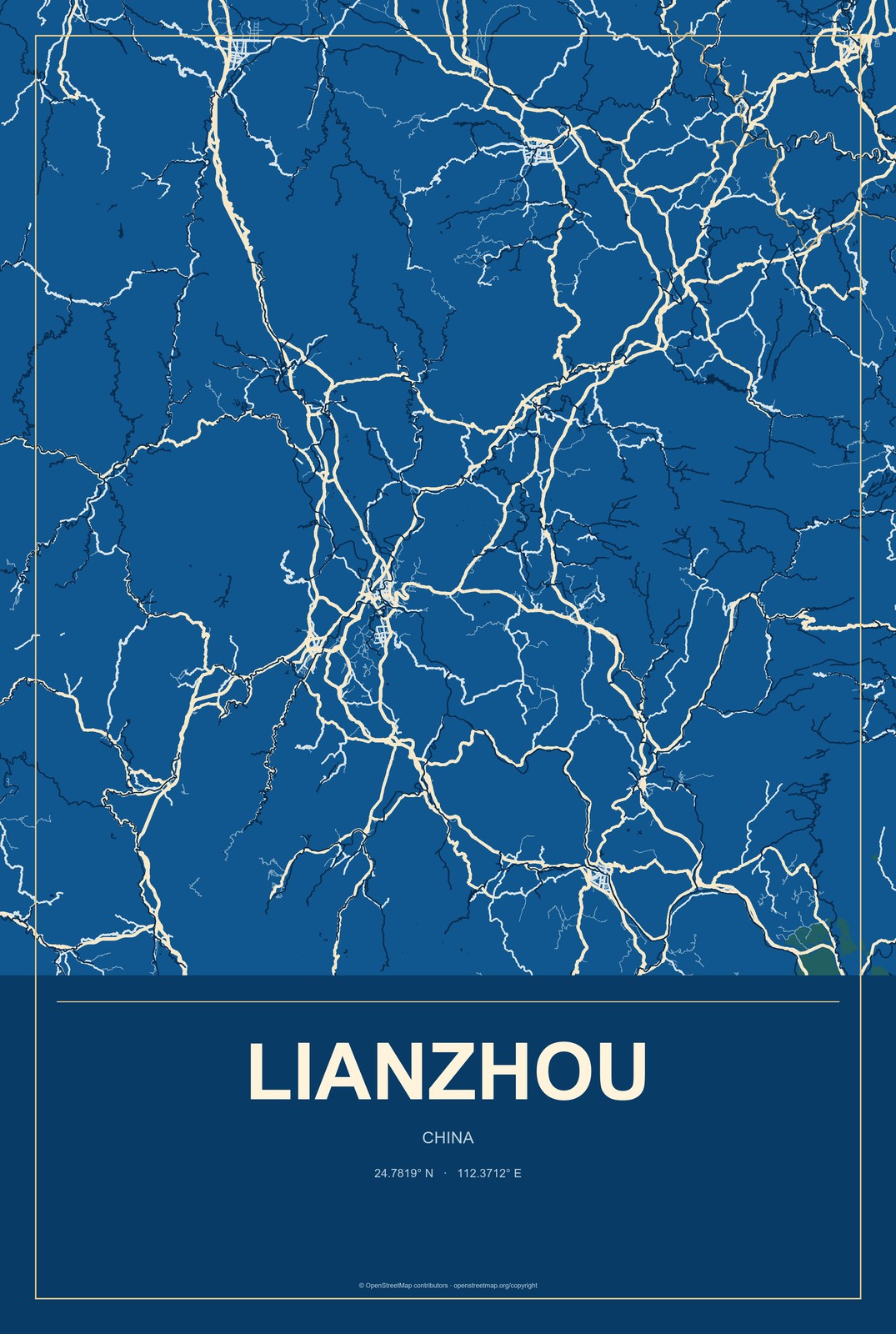 Lianzhou, China City Map Aluminum Sign in Harbor Cobalt style