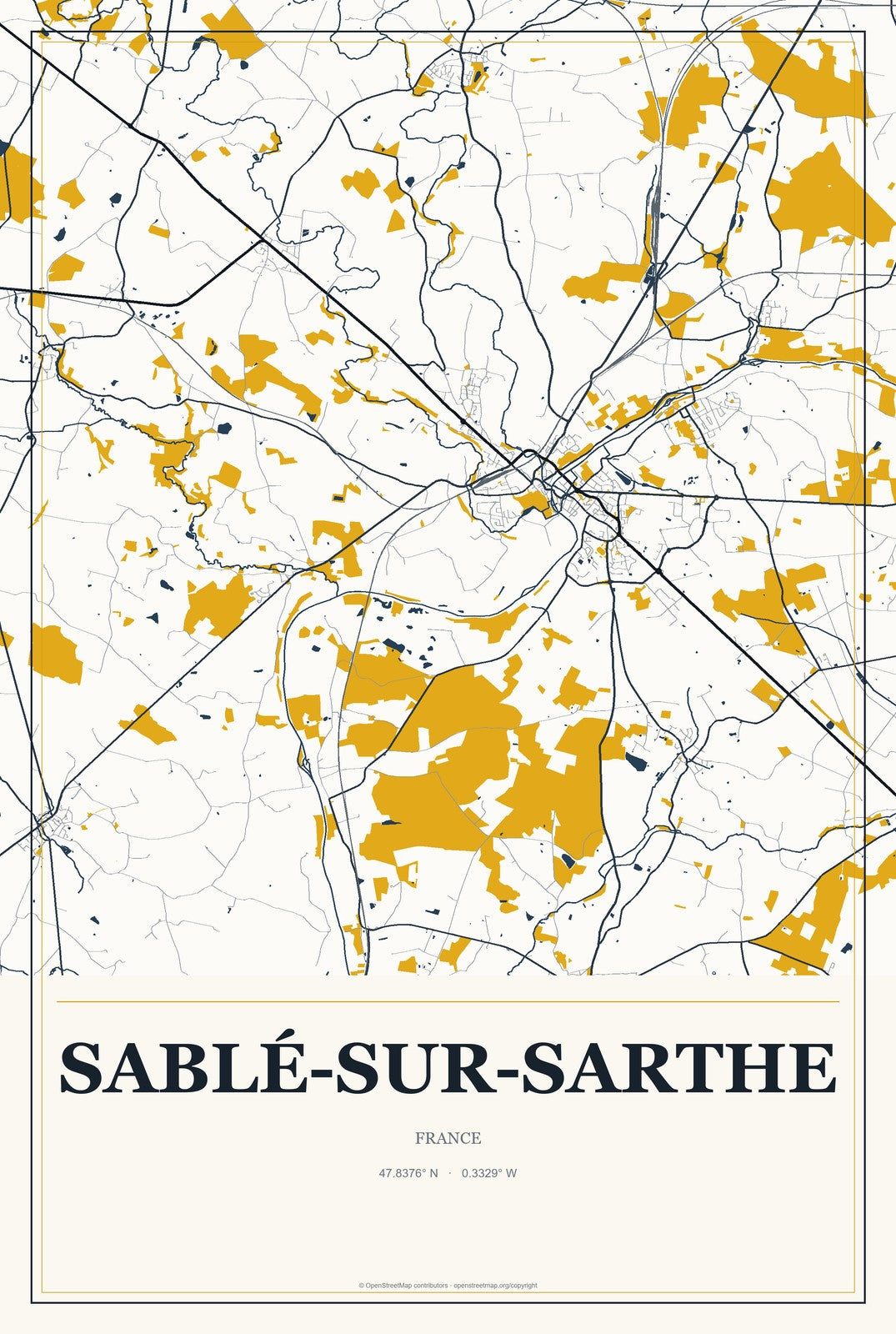 Sablé-sur-Sarthe, France City Map Aluminum Sign in Citrine Modern style
