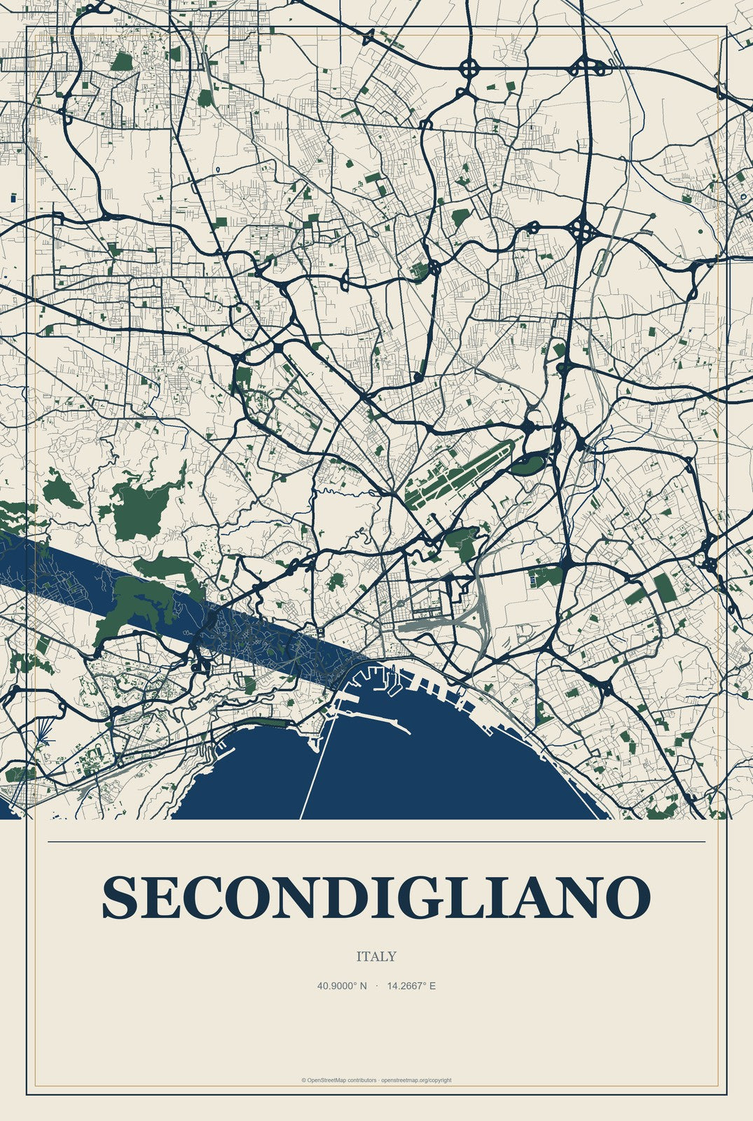 Secondigliano, Italy City Map Aluminum Sign in Coastal Cutout style