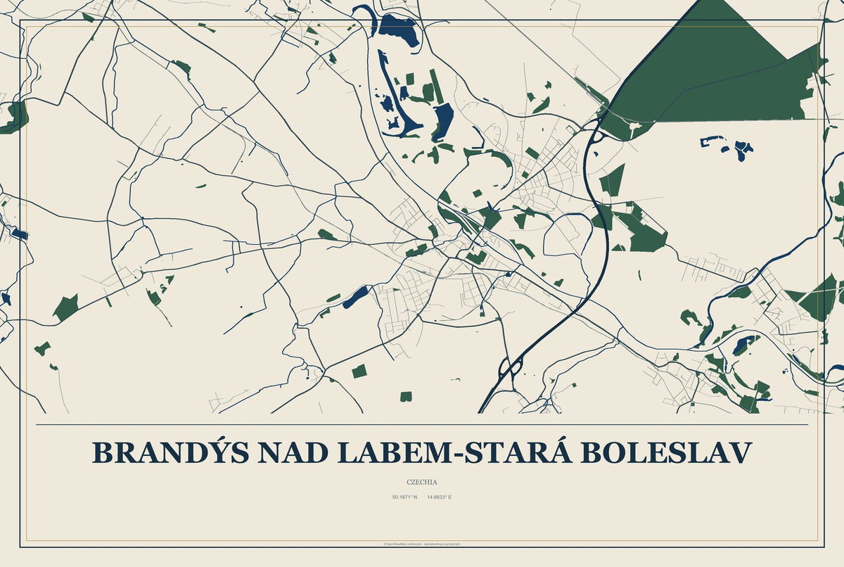 Brandýs nad Labem-Stará Boleslav, Czechia City Map Aluminum Sign in Coastal Cutout style