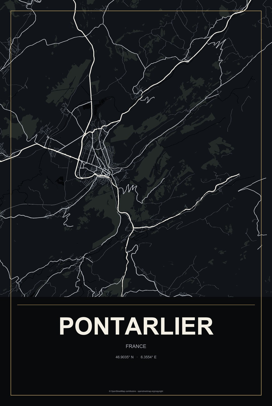 Pontarlier, France City Map Aluminum Sign in Metropolitan Noir style