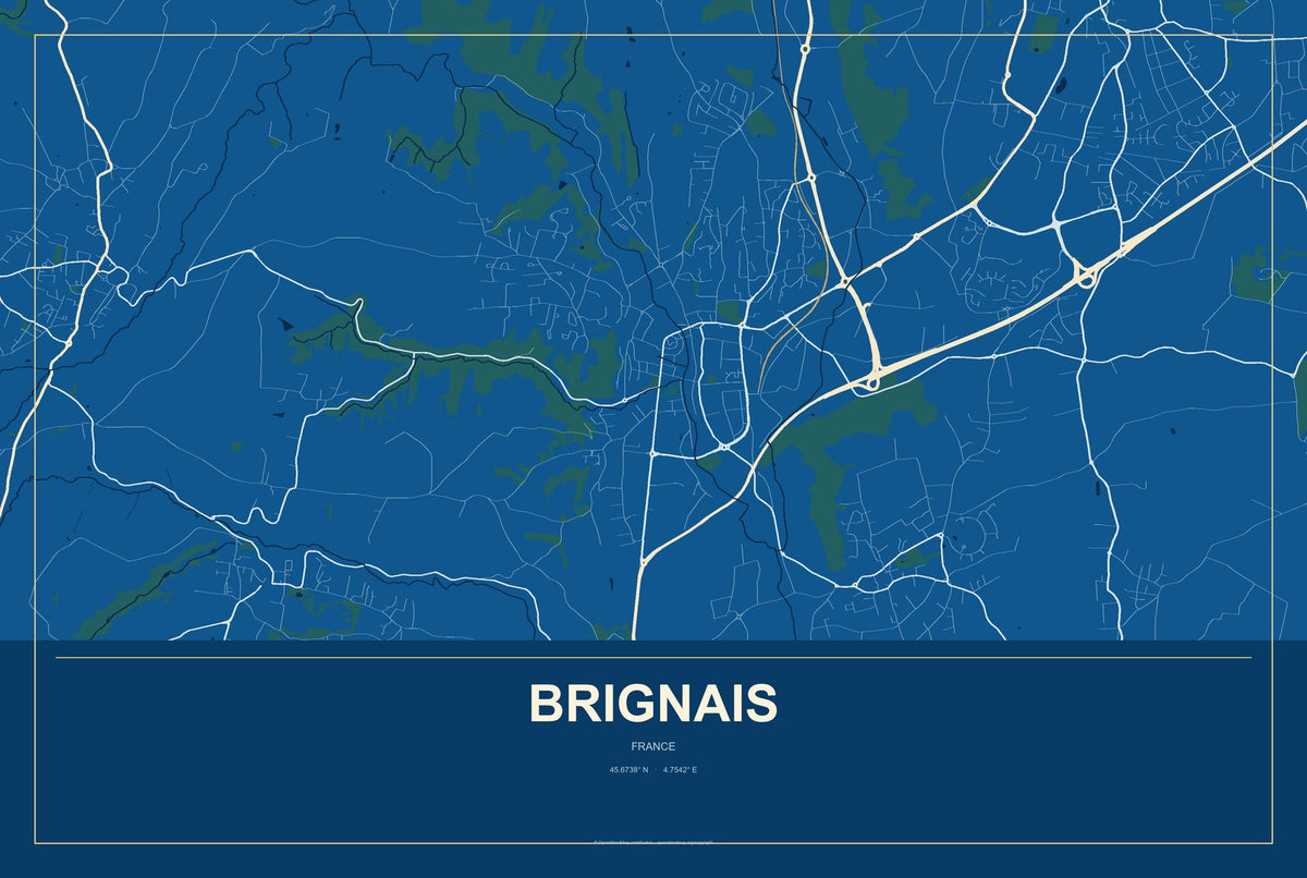 Brignais, France City Map Aluminum Sign in Harbor Cobalt style