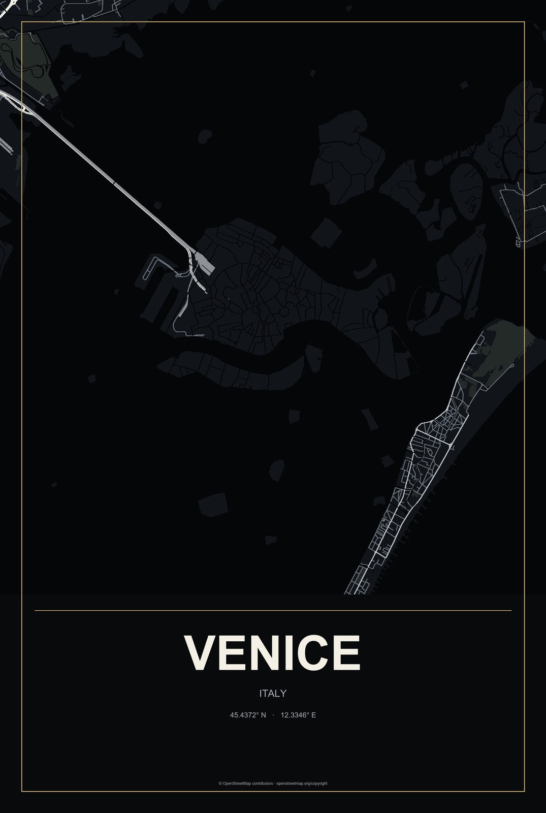 Venice, Italy City Map Aluminum Sign in Metropolitan Noir style
