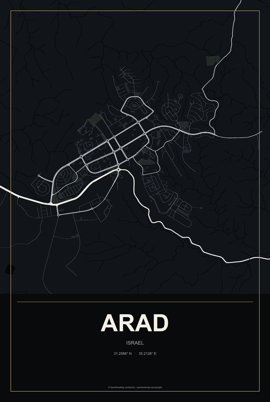Arad, Israel City Map Aluminum Sign in Metropolitan Noir style
