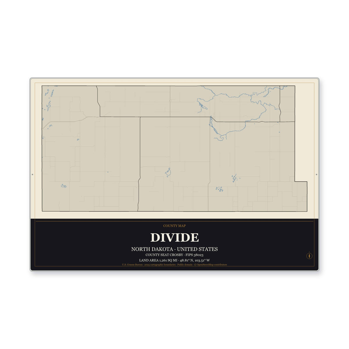 Divide County, North Dakota Map Aluminum Sign in Museum Plaque style