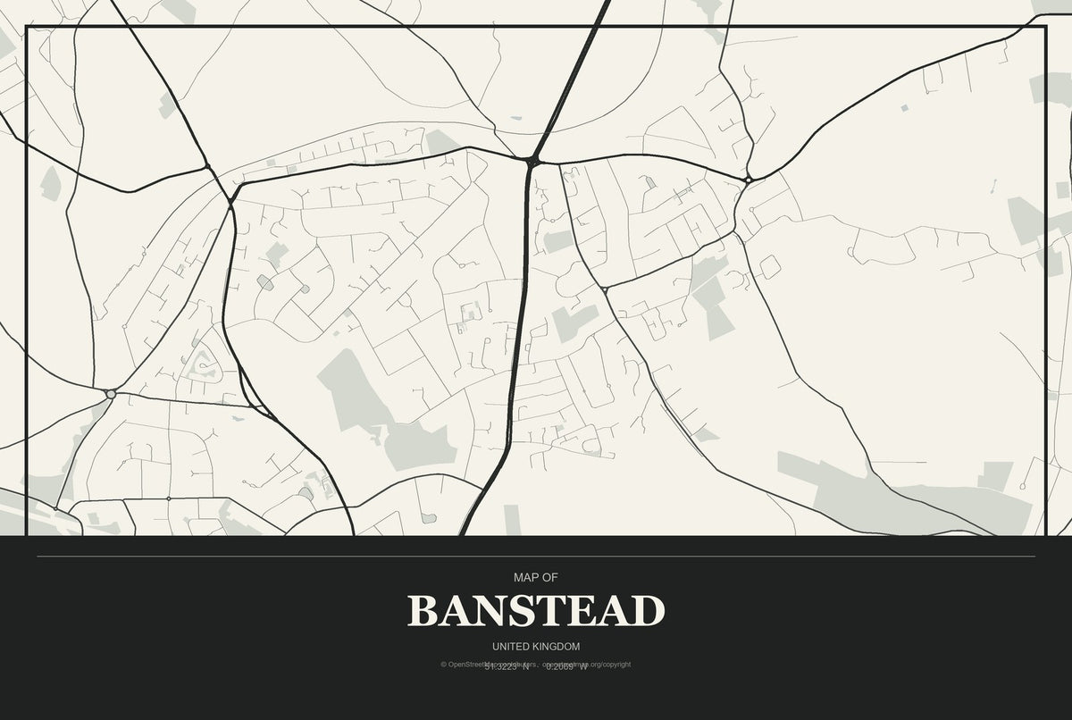 Banstead, United Kingdom City Map Aluminum Sign in Museum Plaque style