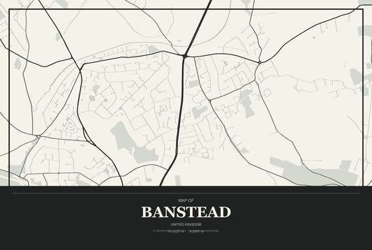 Banstead, United Kingdom City Map Aluminum Sign in Museum Plaque style