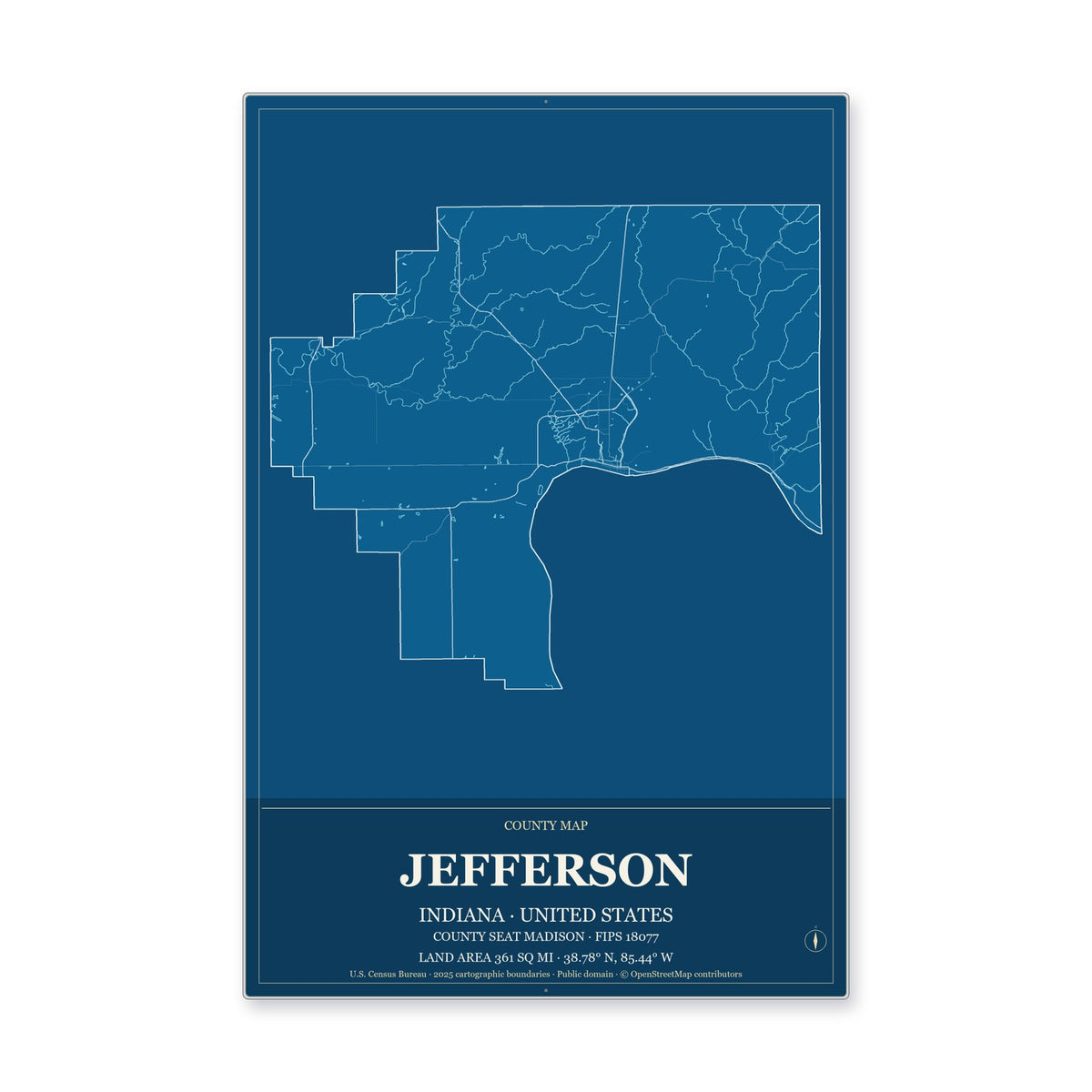 Jefferson County, Indiana Map Aluminum Sign in Harbor Cobalt style