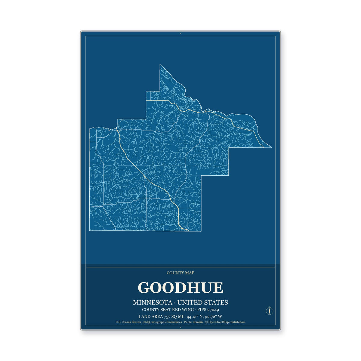Goodhue County, Minnesota Map Aluminum Sign in Harbor Cobalt style