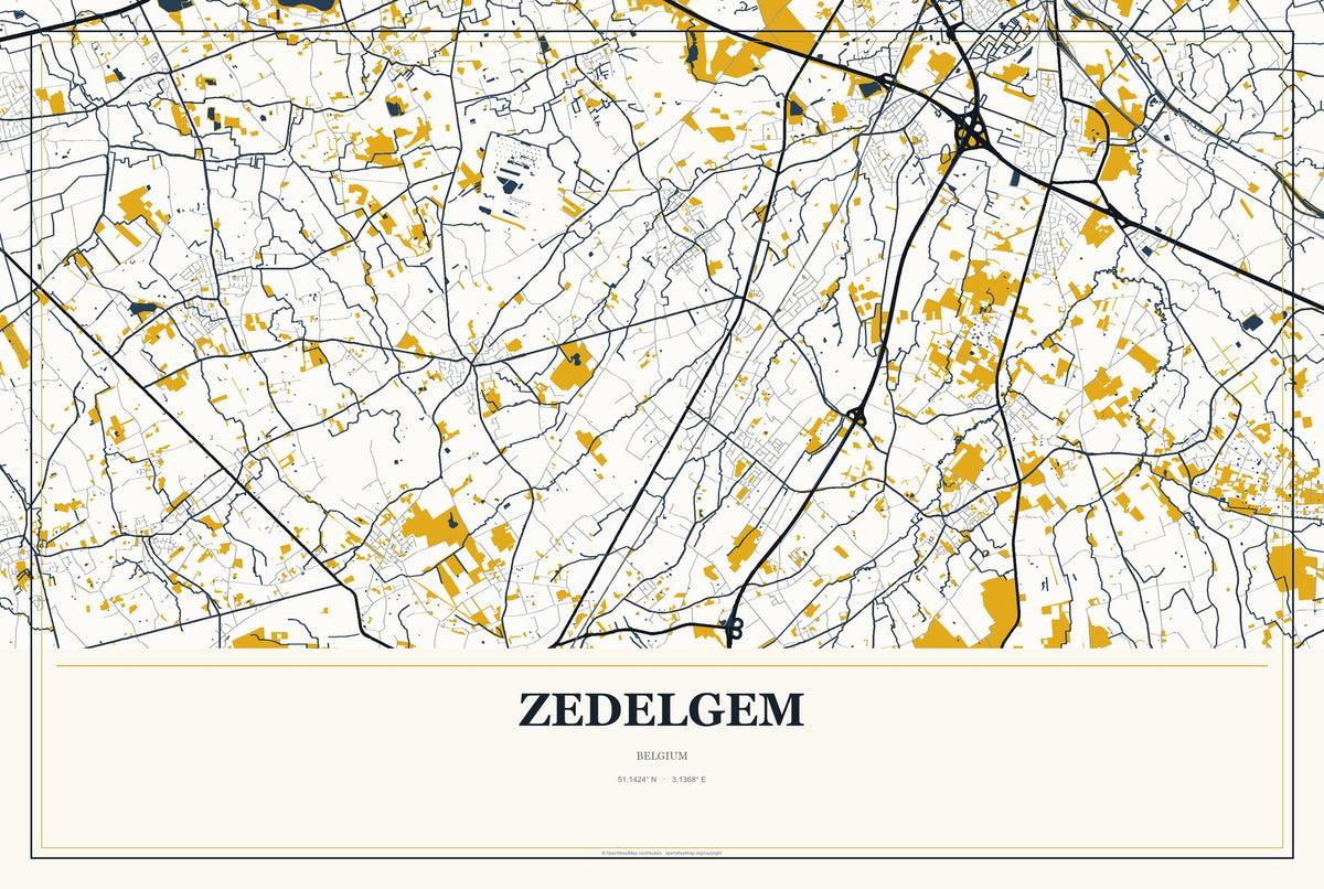 Zedelgem, Belgium City Map Aluminum Sign in Citrine Modern style