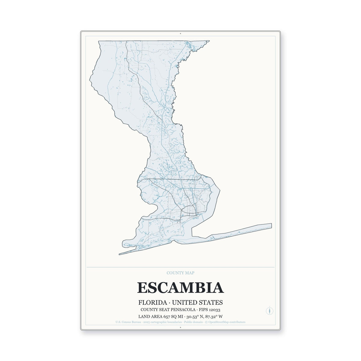 Escambia County, Florida Map Aluminum Sign in Gallery Air style