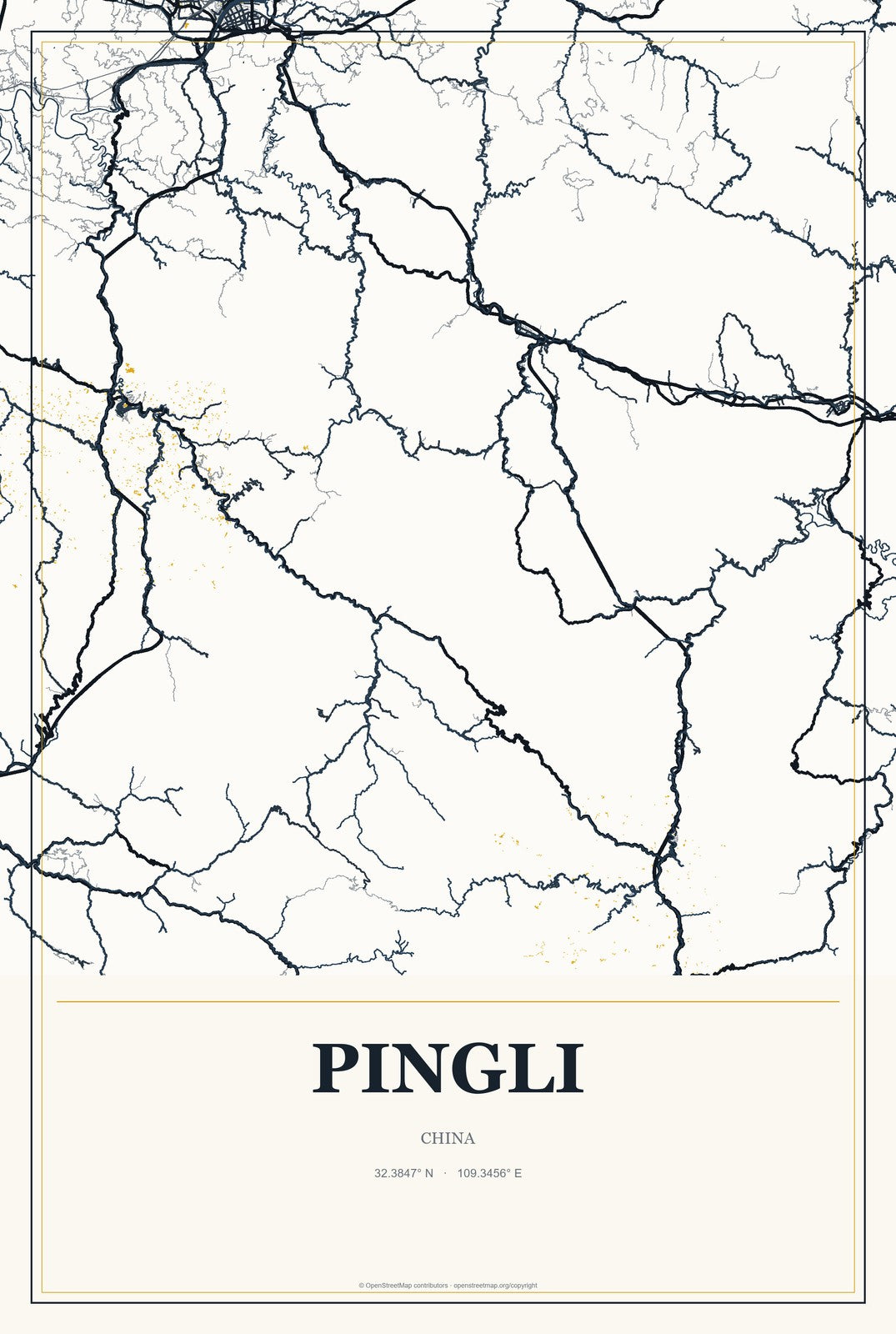 Pingli, China City Map Aluminum Sign in Citrine Modern style