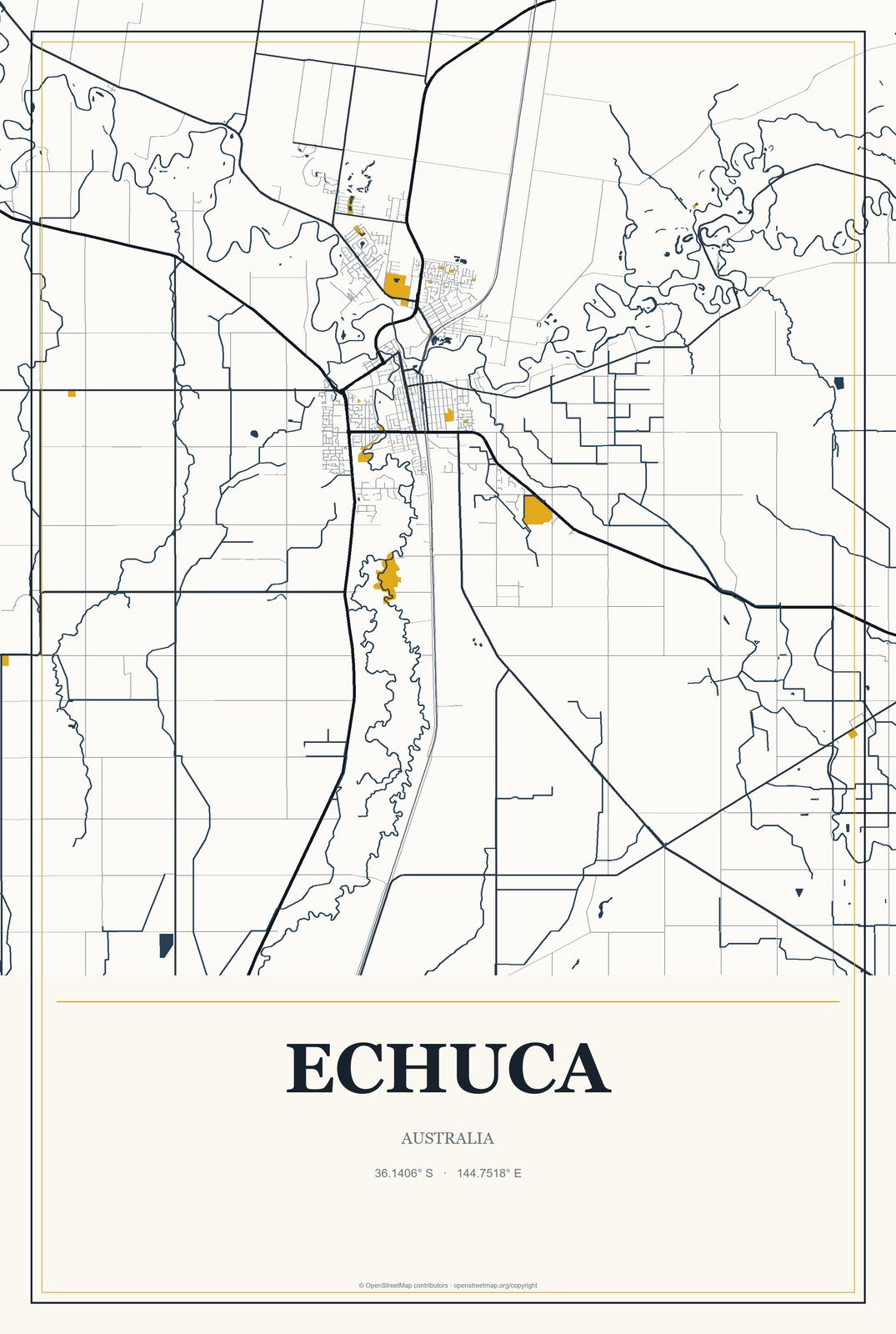 Echuca, Australia City Map Aluminum Sign in Citrine Modern style