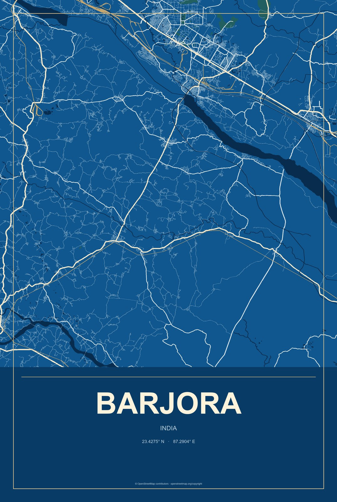 Barjora, India City Map Aluminum Sign in Harbor Cobalt style