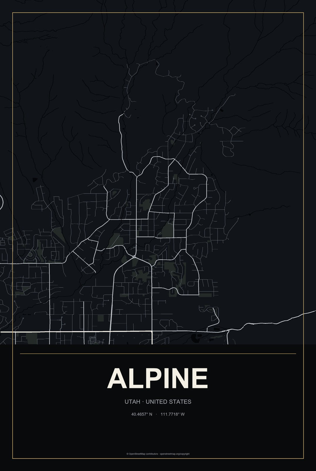 Alpine, Utah City Map Aluminum Sign in Metropolitan Noir style