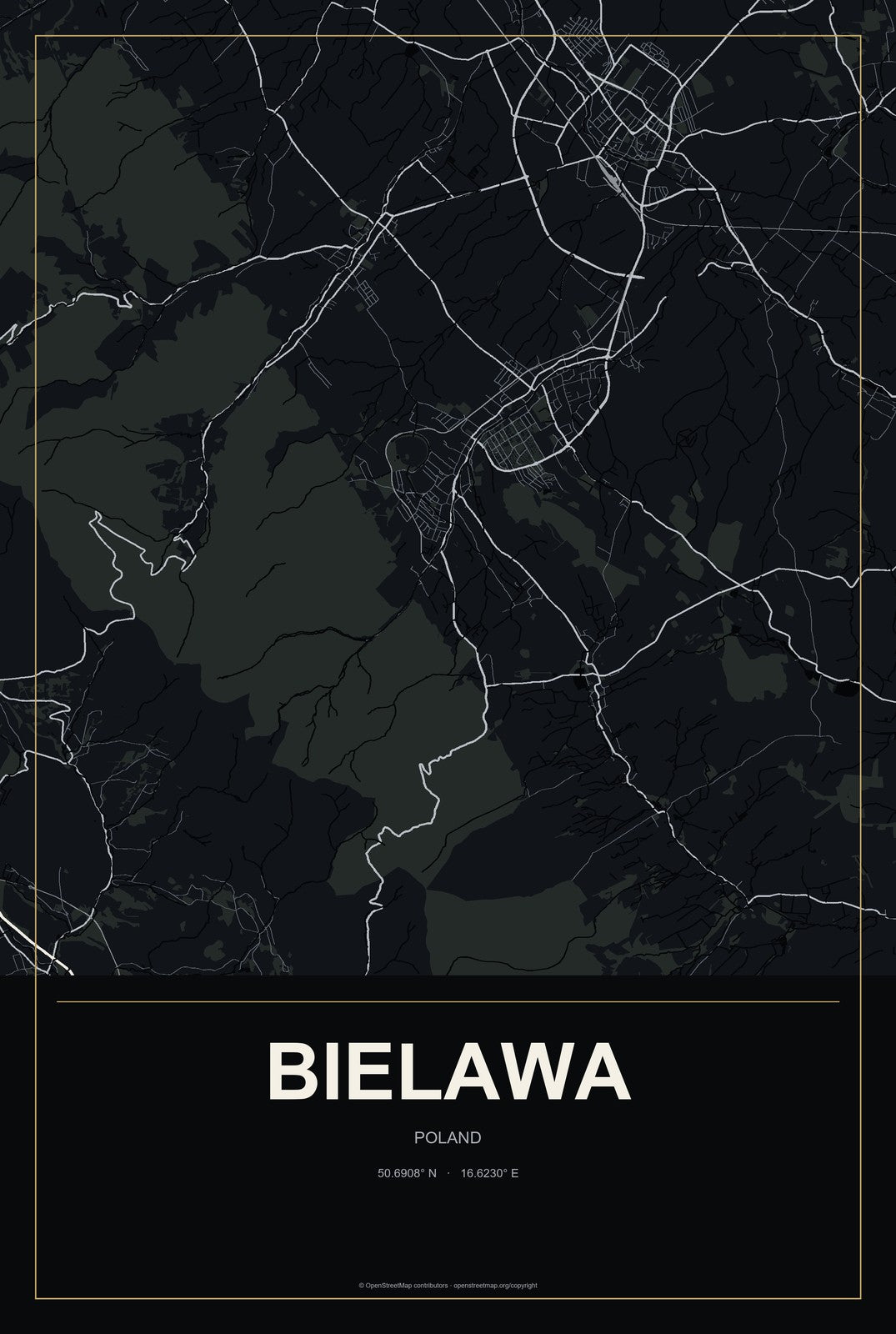 Bielawa, Poland City Map Aluminum Sign in Metropolitan Noir style