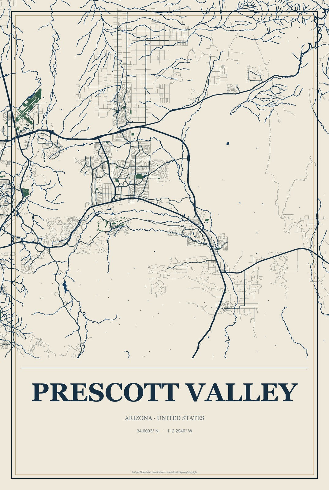 Prescott Valley, Arizona City Map Aluminum Sign in Coastal Cutout style