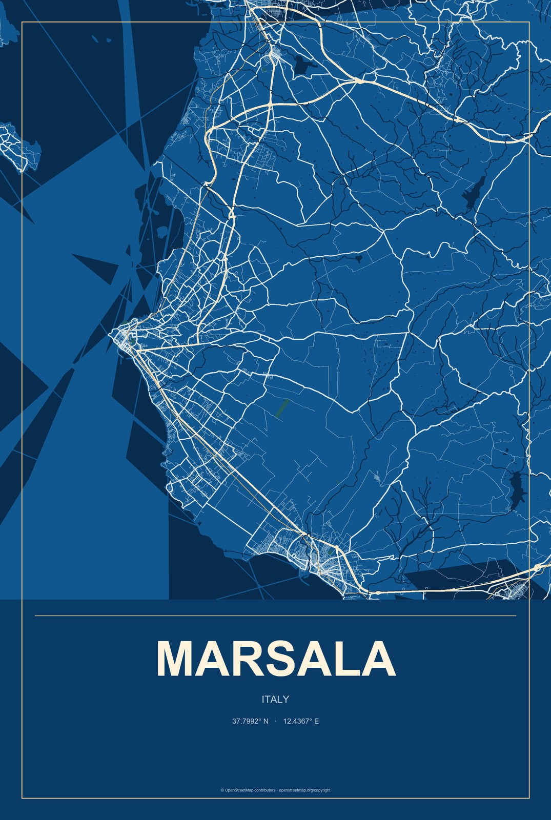 Marsala, Italy City Map Aluminum Sign in Harbor Cobalt style