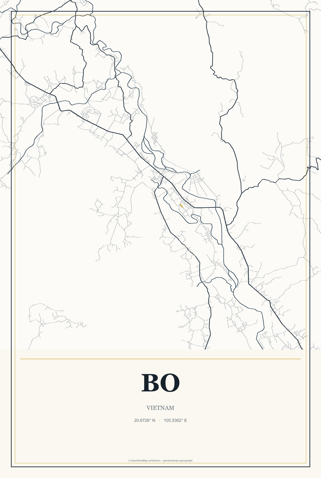 Bo, Vietnam City Map Aluminum Sign in Citrine Modern style