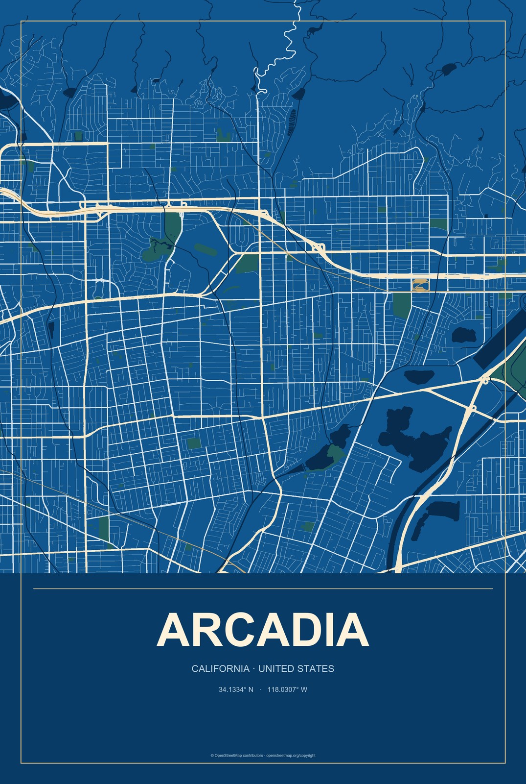 Arcadia, California City Map Aluminum Sign in Harbor Cobalt style