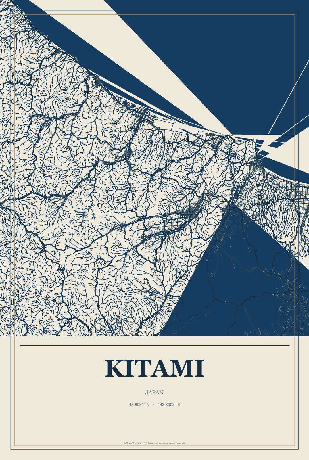Kitami, Japan City Map Aluminum Sign in Coastal Cutout style