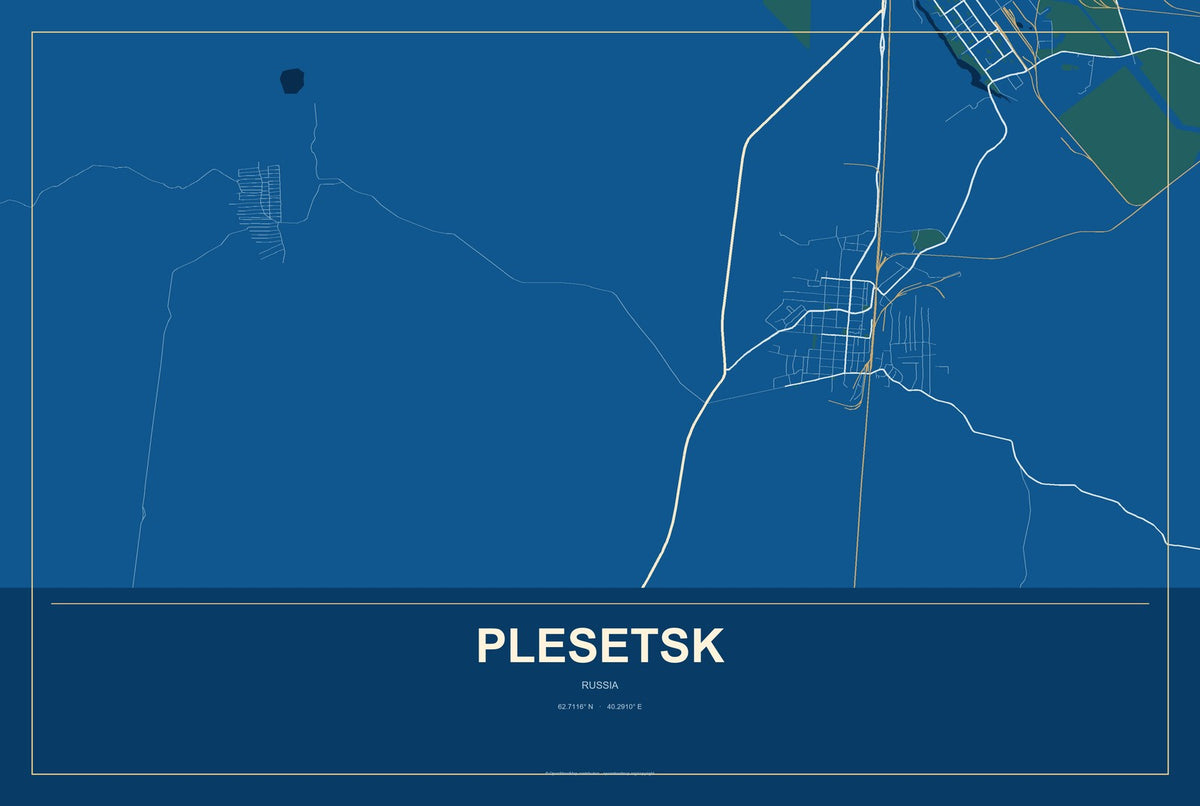 Plesetsk, Russia City Map Aluminum Sign in Harbor Cobalt style