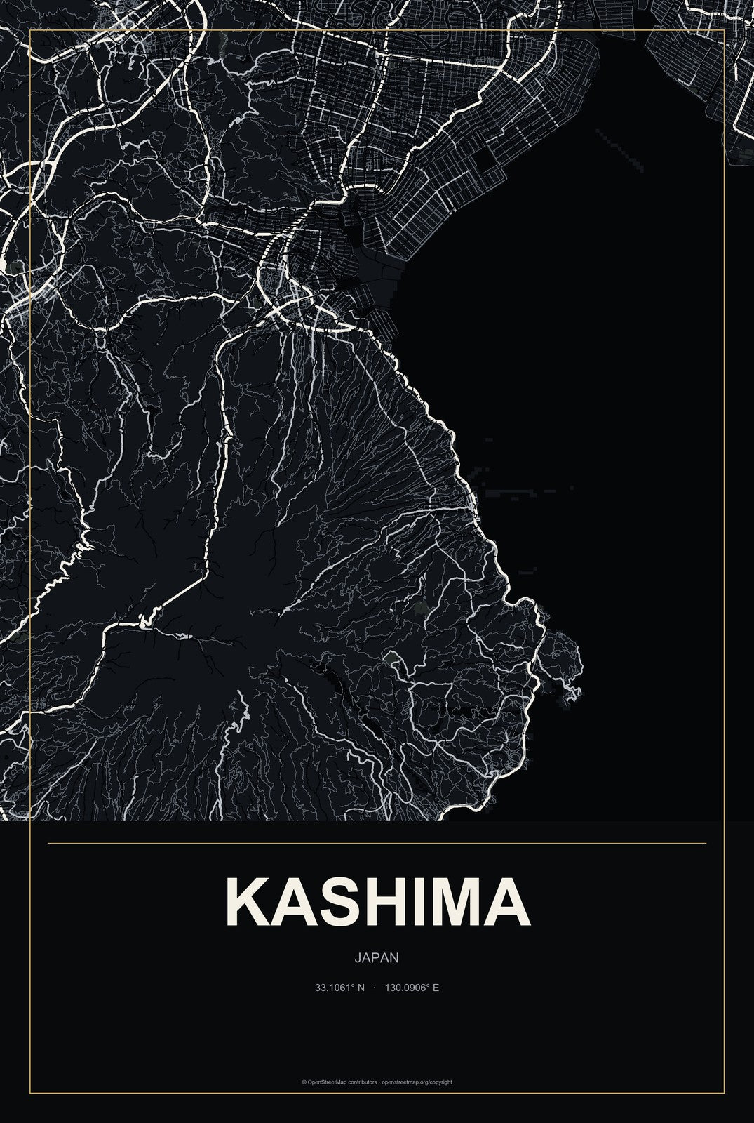Kashima, Japan City Map Aluminum Sign in Metropolitan Noir style