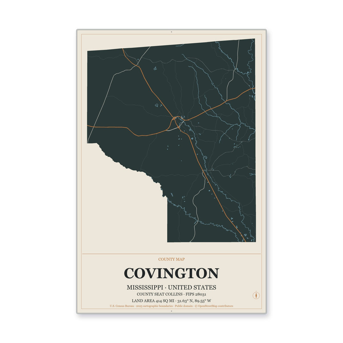 Covington County, Mississippi Map Aluminum Sign in Headline Atlas style