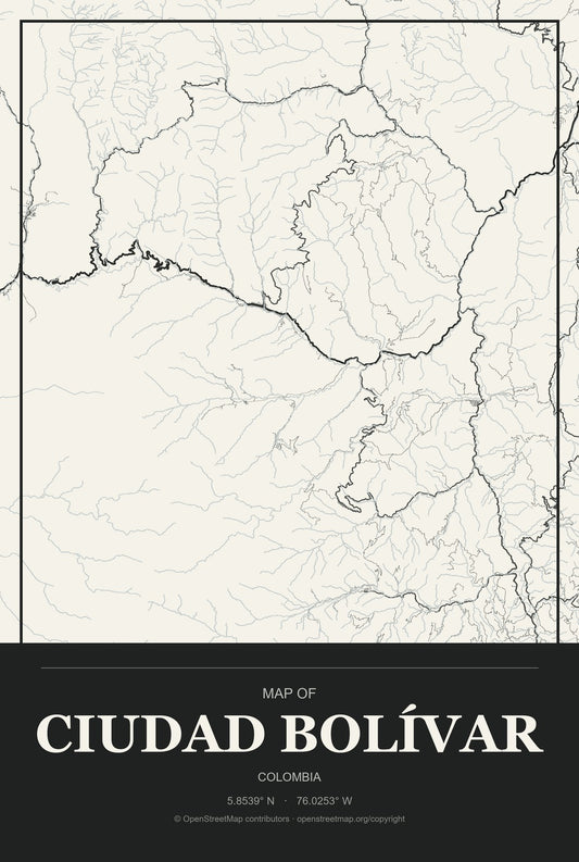Ciudad Bolívar, Colombia City Map Aluminum Sign in Museum Plaque style