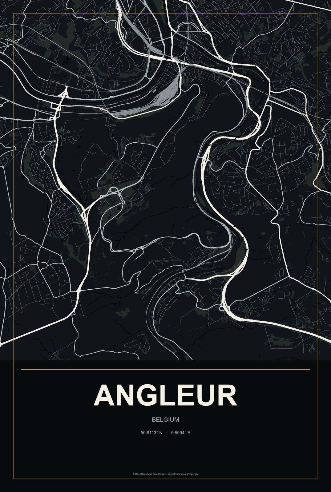 Angleur, Belgium City Map Aluminum Sign in Metropolitan Noir style