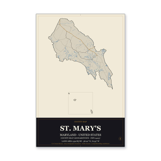 St. Mary's County, Maryland Map Aluminum Sign in Museum Plaque style