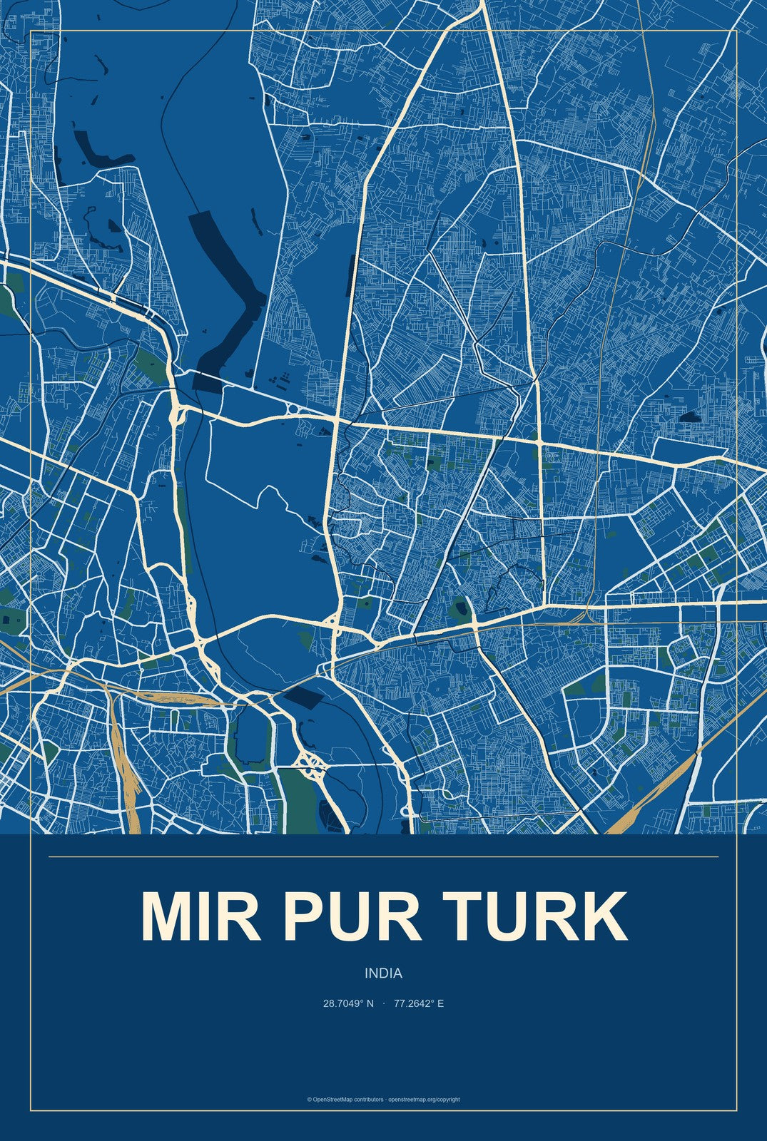 Mir Pur Turk, India City Map Aluminum Sign in Harbor Cobalt style