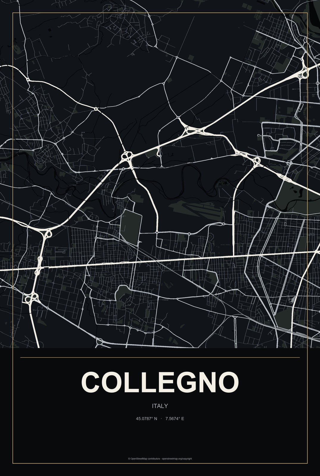 Collegno, Italy City Map Aluminum Sign in Metropolitan Noir style