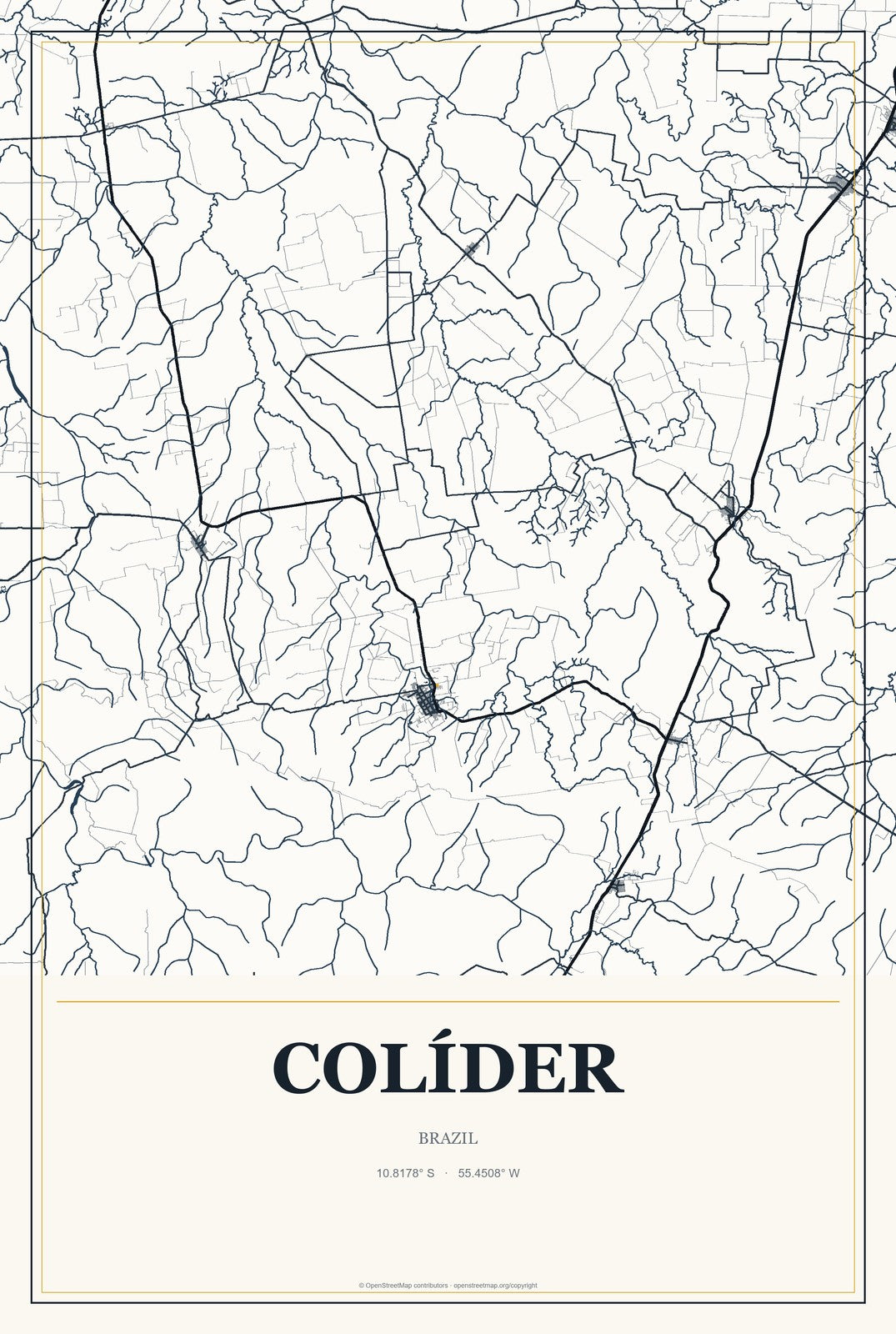 Colíder, Brazil City Map Aluminum Sign in Citrine Modern style