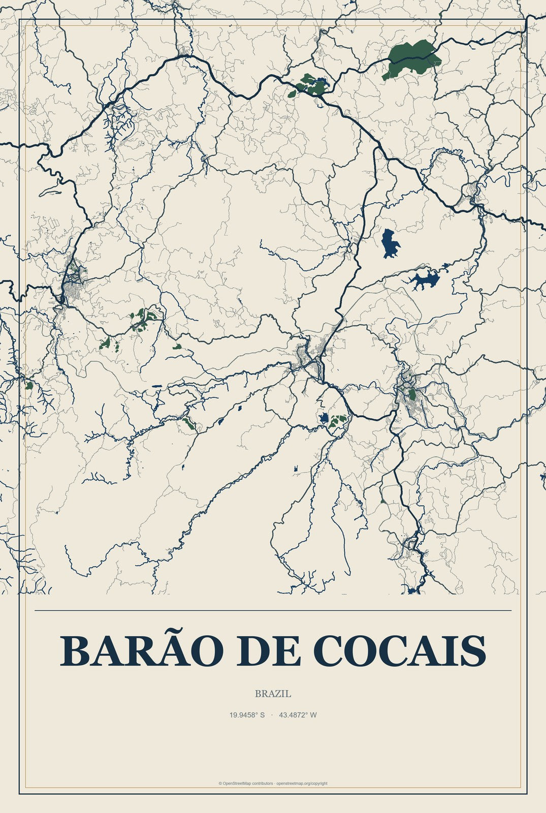 Barão de Cocais, Brazil City Map Aluminum Sign in Coastal Cutout style