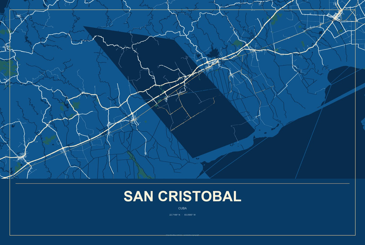 San Cristobal, Cuba City Map Aluminum Sign in Harbor Cobalt style