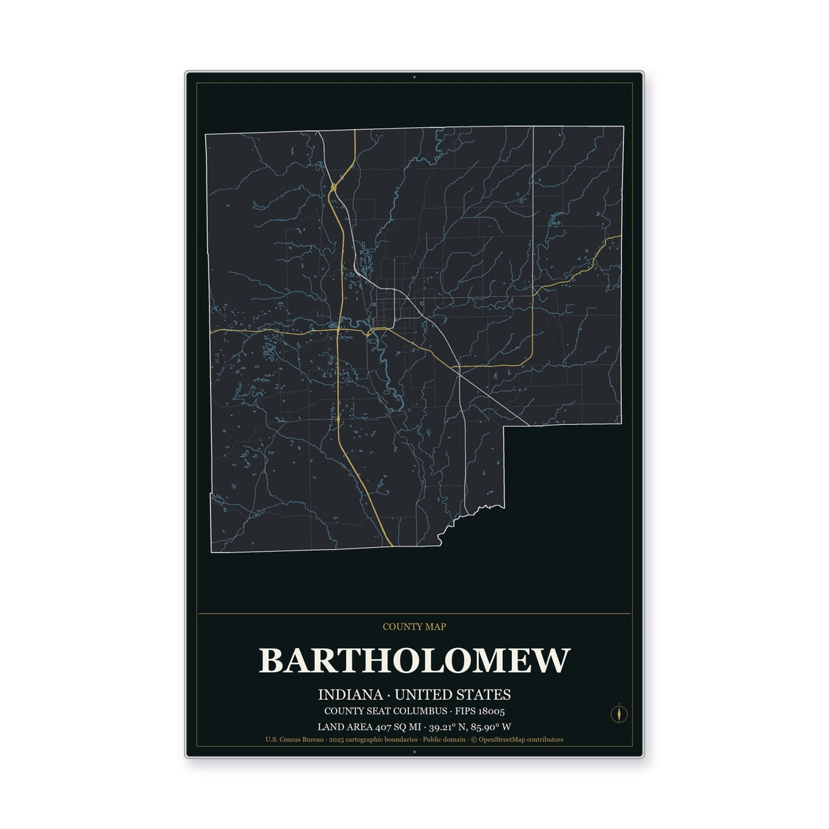 Bartholomew County, Indiana Map Aluminum Sign in Metropolitan Noir style