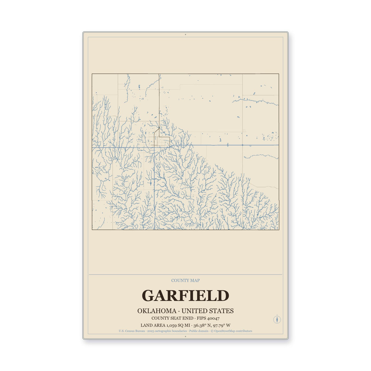 Garfield County, Oklahoma Map Aluminum Sign in Heritage Nautical style