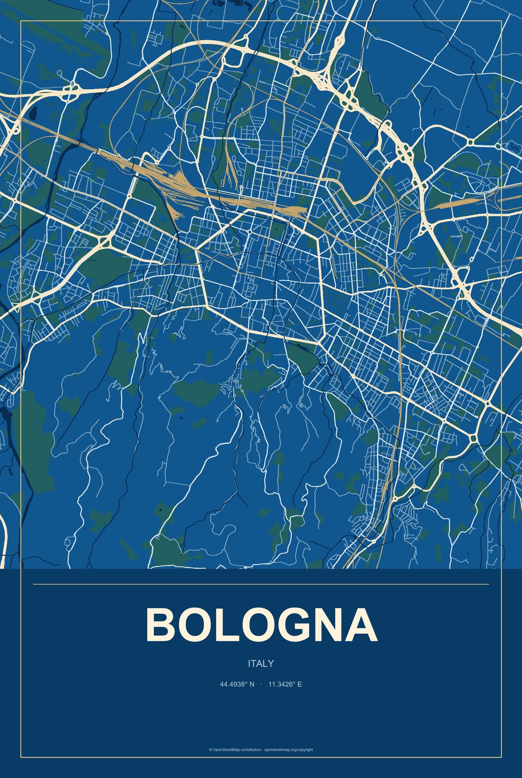 Bologna, Italy City Map Aluminum Sign in Harbor Cobalt style