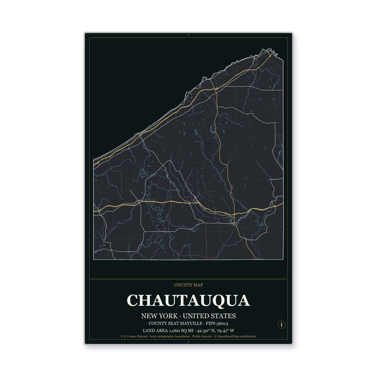 Chautauqua County, New York Map Aluminum Sign in Metropolitan Noir style