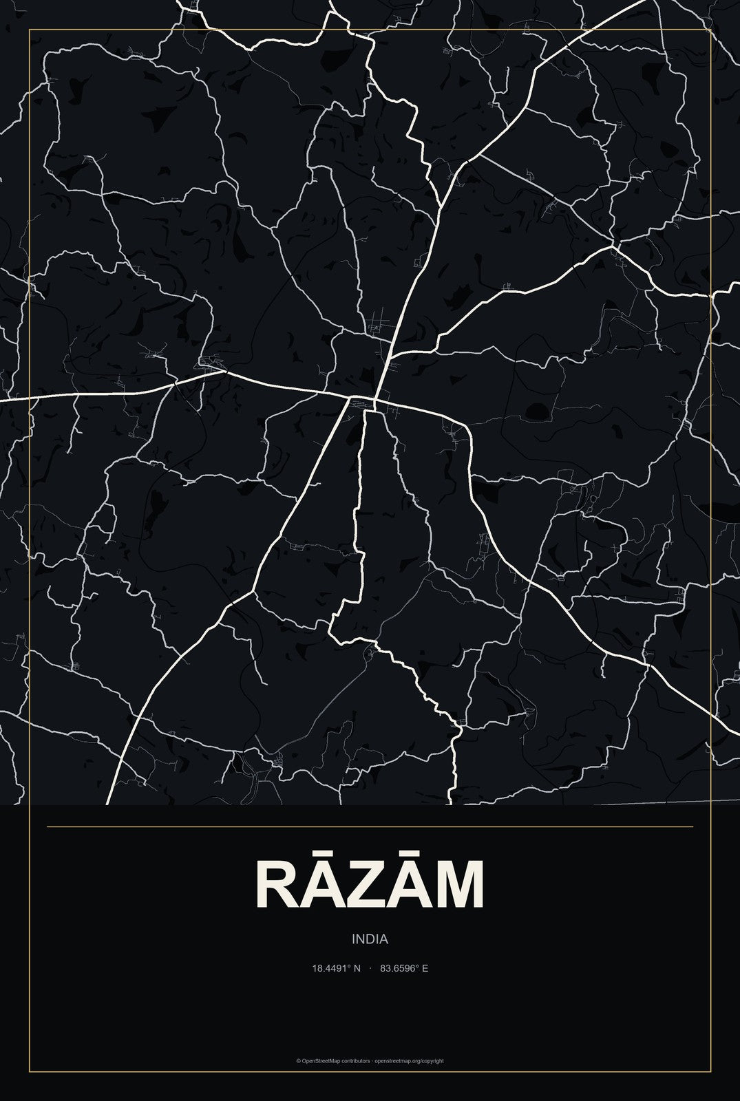 Rāzām, India City Map Aluminum Sign in Metropolitan Noir style