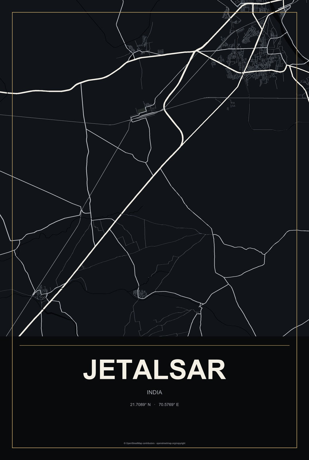 Jetalsar, India City Map Aluminum Sign in Metropolitan Noir style