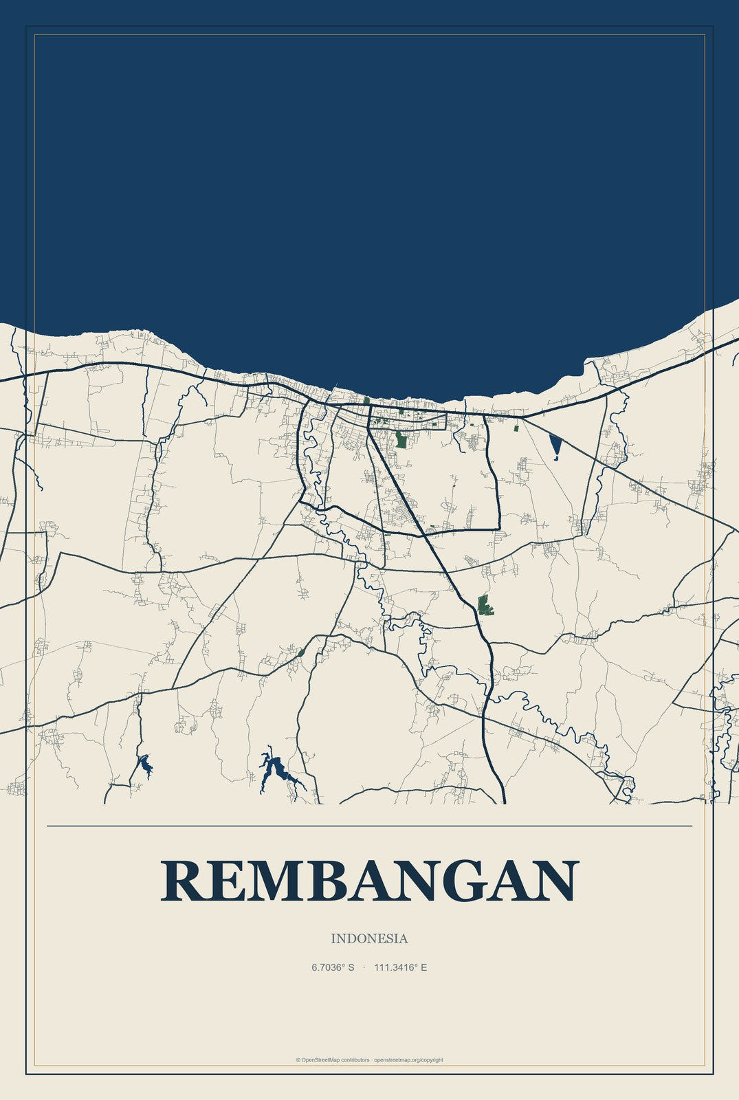 Rembangan, Indonesia City Map Aluminum Sign in Coastal Cutout style