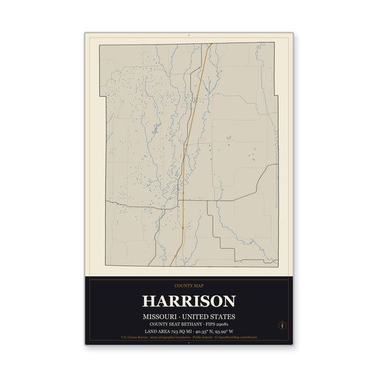 Harrison County, Missouri Map Aluminum Sign in Museum Plaque style