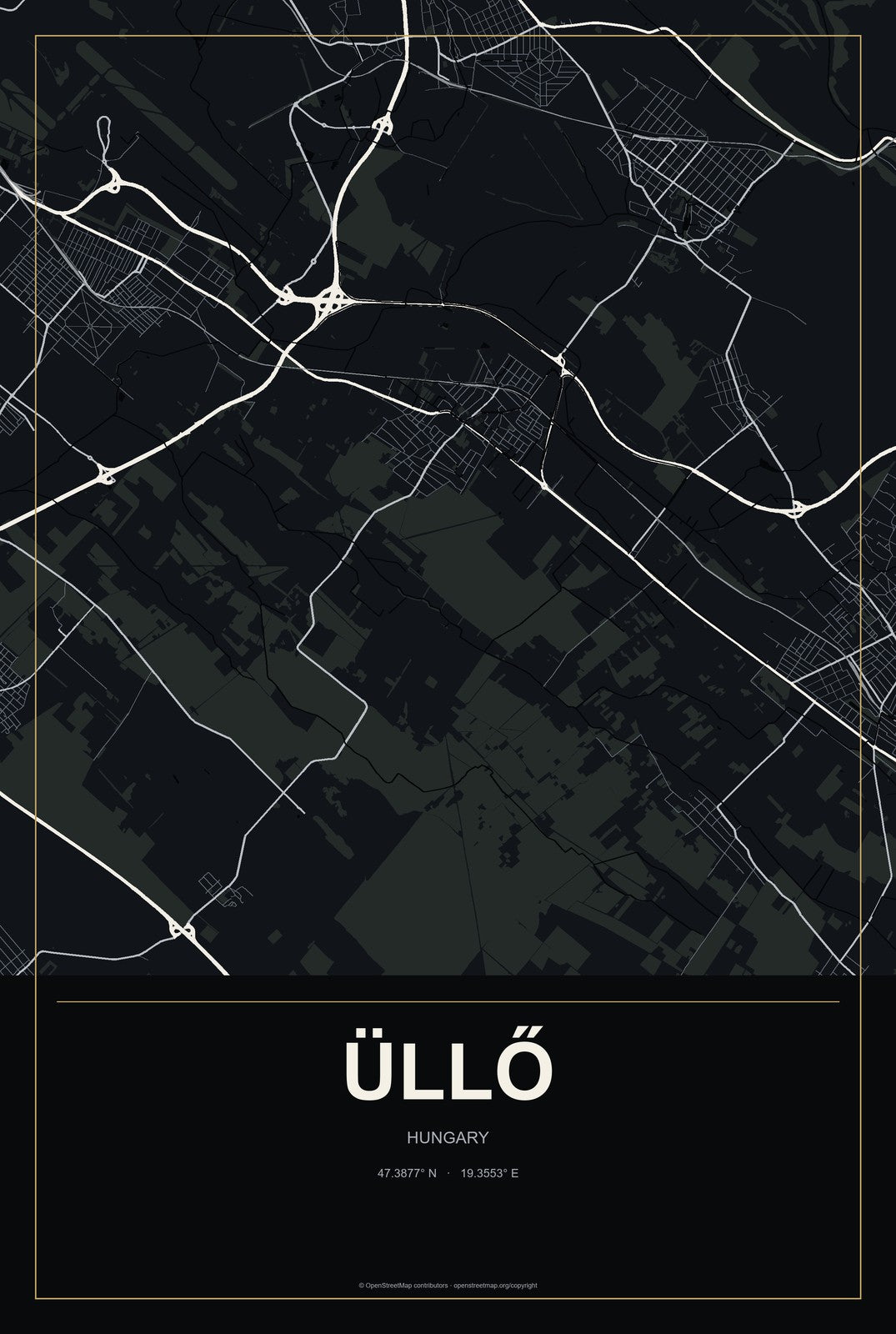 Üllő, Hungary City Map Aluminum Sign in Metropolitan Noir style