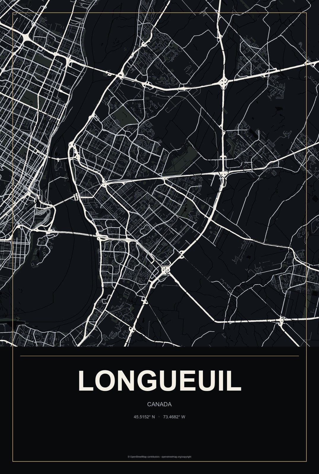 Longueuil, Canada City Map Aluminum Sign in Metropolitan Noir style